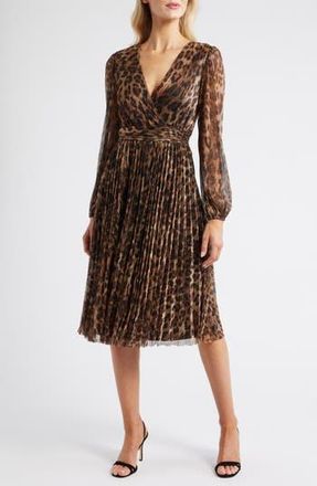 Halogen Metallic Leopard Print Long Sleeve Midi Dress in Brownstone at Nordstrom Rack, Size Xx-Small