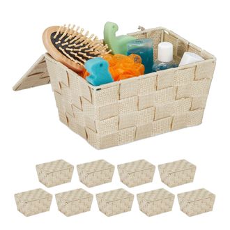 Relaxdays 10x Cajas De Almacenaje Con Tapa, Cesta De Almacenamiento, Pp, 10,5 X 19,5 X 14,5 Cm, Beige