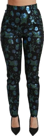 Dolce & Gabbana Womens Blue Green Floral Metallic Slim Pants Black Polyester Fibre
