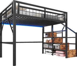STILVORA Cama Alta 140 X 200 Cm Con Led Y Escalera De Almacenamiento, Sin Colch&oacute;n, De Metal, Negro