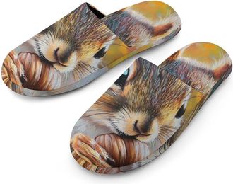 Generic Squirrel Vintage Oil Painting Mens House Slippers Slip Indoor Slipper On Shoes Warm Outdoor