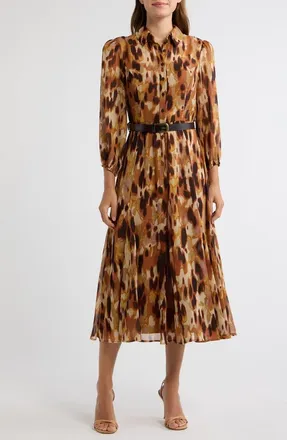 Tahari by ASL Print Belted Long Sleeve Maxi Shirtdress in Luggage Animal at Nordstrom, Size 12