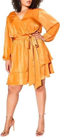 City Chic Long Sleeve Faux Wrap Dress in Yellow Gold at Nordstrom, Size Xxl