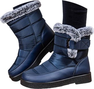 Generic Couple Men Women Fur Lined Snow Boots Winter Warm Ankle Boots Side Zipper Hook Loop Outdoor Walking Shoes Non Slip Waterproof Winter Mid-length Fur Bo