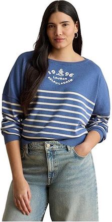Lauren Ralph Lauren Plus Size Logo Striped Cotton Boatneck Sweater Womens Clothing Carson Blue/ Mascarpone Cream : 3X