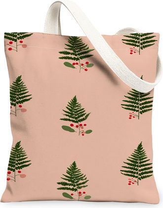 Generic Fern Canvas Tote Bags, Botanical Leaf Pattern Reusable Grocery Bags, Holiday Vintage Chic Lightweight Washable Shoulder Str, Peach, 13x15 Inch