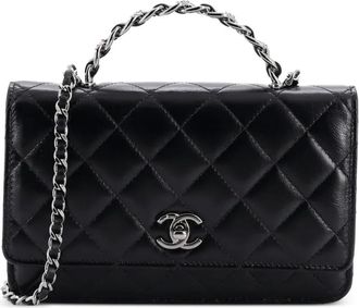 Chanel Top Handle Phone Holder with Chain Quilted Shiny Calfskin with Crystals crossbody bag - Zwart