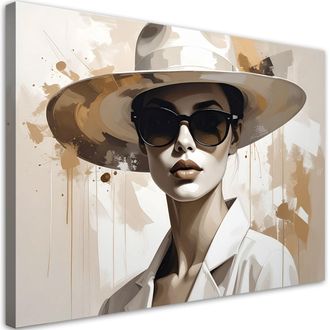 Feeby Cuadro En Lienzo Elegante Mujer Con Sombrero En Composici&oacute;n Beige 100x70