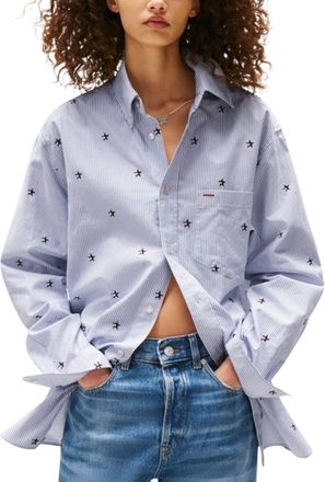 Tommy Hilfiger Womens Embroidered Star Long Sleeve Shirt - Light Blue Cotton - Size Medium