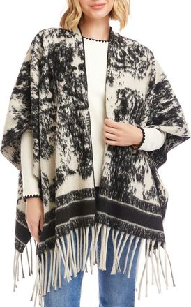 Karen Kane Fringe Poncho in Ecru W/Black at Nordstrom
