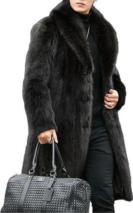 Generic Mens Fluffy Thick Faux Fur Coat Winter Faux Mink Coat Warm Long Trench Coat for Men Black 3X-Large