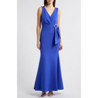 Eliza J Surplice V-Neck Sleeveless Mermaid Gown in Cobalt at Nordstrom, Size 2