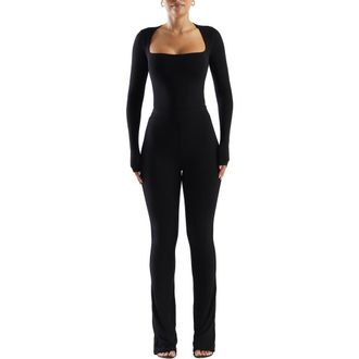 Naked Wardrobe Squared Away Long Sleeve Thong Bodysuit in Black at Nordstrom, Size X-Small