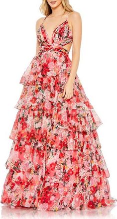 Mac Duggal Floral Printed Chiffon Ruffle Tiered Cut Out Ballgown in Pink Multi at Nordstrom, Size 12