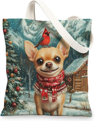 Generic Christmas Chihuahua Dog Canvas Tote Bag for Shopping 13x15, Winter Farmhouse Xmas Puppy Reusable Grocery Print Bag for Women, Holiday Pet Beach Aesthe