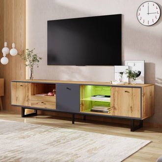 Merax 190cm Lowboard TV Cabinet with LED & Glass Shelves in Natural