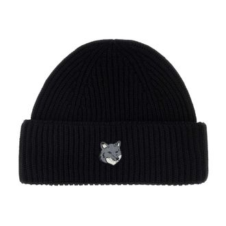 Maison Kitsun&eacute; Fox Patch Ribbed Beanie - Heren - Accessoires - Zwart - Maat: ONE Size Wol