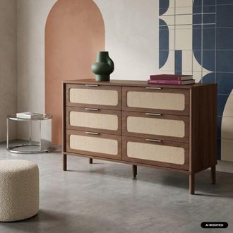 Sweeek C&oacute;moda vintage de madera y rejilla con 6 cajones, nogal