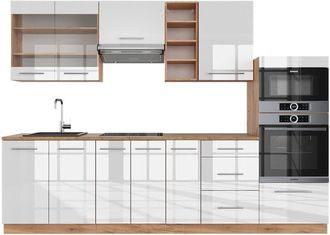 Vicco Mueble De Cocina Fame-line, Blanco Brillo Intenso/roble Dorado, 280 Cm Sin Encimera