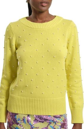 Isaac Mizrahi New York Faux Pearl Accent Cotton Crewneck Sweater in Lime at Nordstrom, Size X-Large