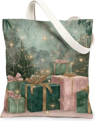 Generic Christmas Gift Canvas Tote Bags, Holiday Presents Pattern Reusable Grocery Bags, Vintage Lightweight Washable Shoulder Stra, Green, 13x15 Inch