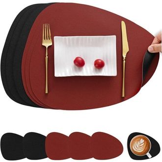 OEM Manteles Individuales Y Posavasos De Piel, De Doble Cara, Antideslizantes, Lavables E Impermeables (rojo Y Negro, Juego De 6)