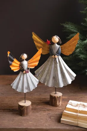 Kalalou Set Of Two Recycled Metal Angels On Wooden Bases