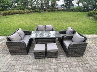 Fimous 8 Seater PE Rattan Garden Furniture Set Reclining Chair 2 Seater Love Sofa Set Outdoor Dining Table 2 Stools in Dark Grey