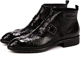 Generic Mens Low Block Heel Formal Boots Pointed Toe Ankle Boots with Side Zipper Patent Leather Office Dress Shoes with Buckle,Black,7.5 UK