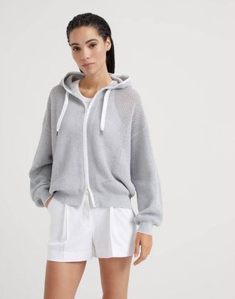 Brunello Cucinelli Light Grey Mesh Zip Hoodie, Size X-Large