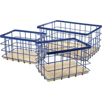 Happimess Evvie Vintage Farmhouse Handmade Wire Metal Nesting Storage Baskets with Wood Base in Navy/natural at Nordstrom