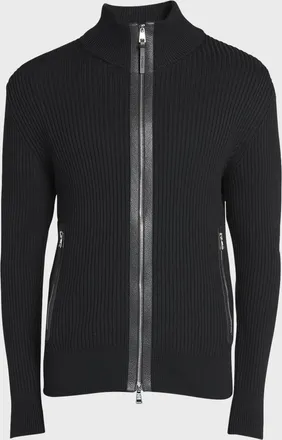 Moncler Men & apos;s Ribbed Cardigan with Leather Trim