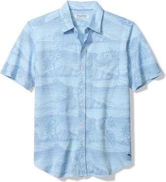 Tommy Bahama Corsica Coast Print Short Sleeve Cotton Blend Seersucker Button-Down Shirt in Vacation Blue at Nordstrom, Size Large
