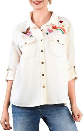 BILLY T Happy Place Embrodiered Denim Button-Up Shirt in Iced Latte at Nordstrom, Size X-Small