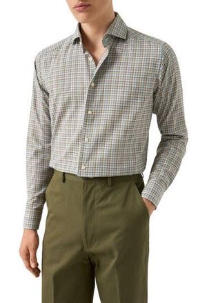 Eton Contemporary Fit Mixed Check Cotton Flannel Dress Shirt in Blue/Brown Multi at Nordstrom Rack, Size 17.5