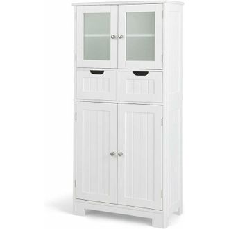 Costway Armadio da Terra con 4 Ante, Mobile da Bagno con 2 Ante in Vetro 2 Cassetti e Ripiani Regolabili, Armadio Multifunzionale per Bagno e Soggiorno