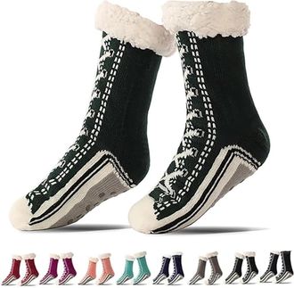 Generic Ultra-Thick Cashmere Slipper Socks for Women, Home Non-slip Soft Cozy Fleece, Winter Warm Fluffy Christmas Sock with Grippers (Green)