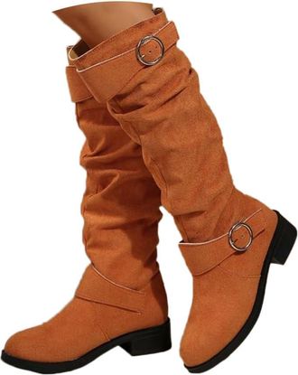 Generic Wedge Boots for Women Uk Slouchy Knee High Boots for Women Uk,Low Chunky Heel Boot With Side Zipper Round Toe Booties Ladies Casual Suede Shoes Winter