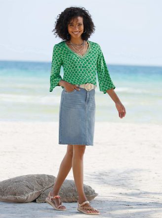 Heine Longbluse HEINE, Damen, Gr. 34, grasgr&uuml;n, ecru, bedruckt, 100% Viskose, bedruckt, gemustert, mehrfarbig, V-Ausschnitt, Blusen Longbluse