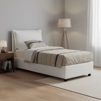 Dmora Dmora - Cama Individual Dmosco, Cama Contenedor Con Revestimiento De Tela, 100% Made In Italy, Apertura Frontal, Adecuado Para Colch&oacute;n 80x190 Cm, Blan