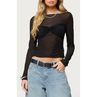 Edikted Oona Sheer Gathered Long Sleeve Shirt in Black at Nordstrom, Size X-Small