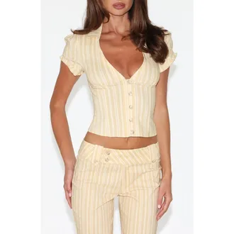 Tiger Mist Kittie Stripe Puff Sleeve Crop Shirt in Yellow Stripe at Nordstrom, Size Xx-Small