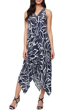 S.L. Fashions Floral Sleeveless Handkerchief Hem Midi Dress in Navy Ivory at Nordstrom Rack, Size 16