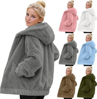 Generic Womens Fluffy Coat Thermal Teddy Bear Fleece Jackets Ladies Double-Sided Fleece Hooded Coat Cozy Faux Fur Overcoat with Pockets & Elastic Hem Spring F