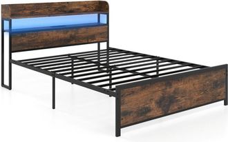 Costway King Size Metal Bed Frame with LED Lights and Power Outlets Black