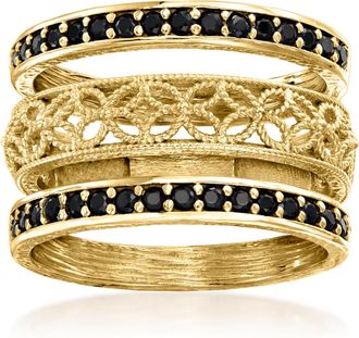Ross-Simons Black Spinel and Scrollwork Jewelry Set: 3 Rings in 18kt Gold Over Sterling