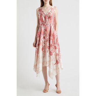 Vince Camuto Scarf Print Handkerchief Hem Satin Midi Dress in Coral Multi at Nordstrom, Size 14