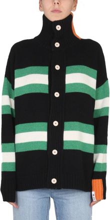 RIGHT FOR High Neck Button Closure Striped Cardigan