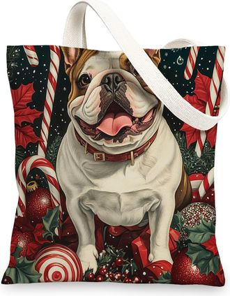 Generic Christmas Bulldog Dog Canvas Tote Bag for Shopping 13x15, Xmas Candy Poinsettia Puppy Reusable Grocery Print Bag for Women, Holiday Pet Beach Aestheti