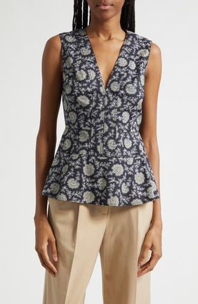 Veronica Beard Nickelby Stretch Cotton Peplum Top in Black/camel/green Multi at Nordstrom, Size 14
